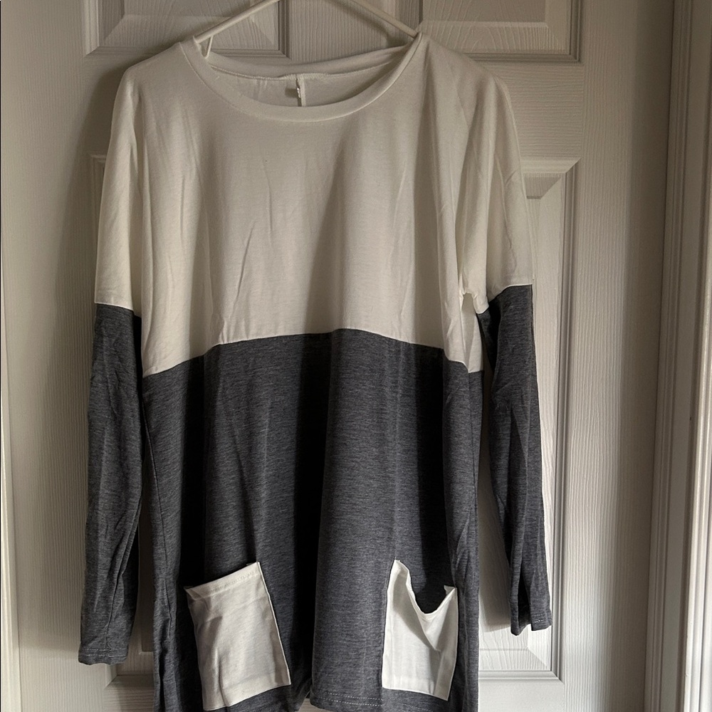 Two-Tone Long Sleeve Top with Pockets